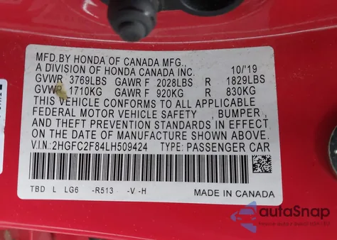 2020 Honda Civic Sport from USA, damaged, VIN 2HGFC2F84LH509424